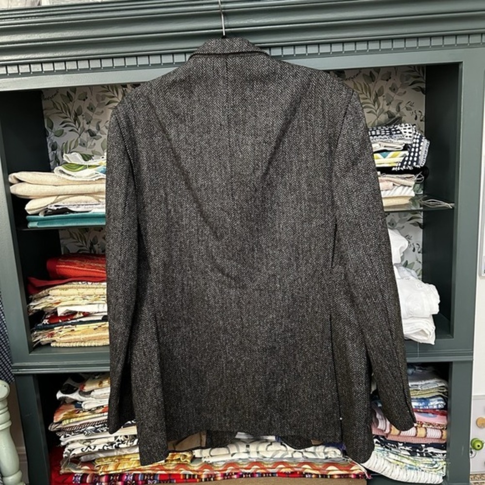Daks Vtg Tweed‎ Jacket Mens Black 100% Wool Herringbone Blazer Leather Accents - Picture 9 of 14